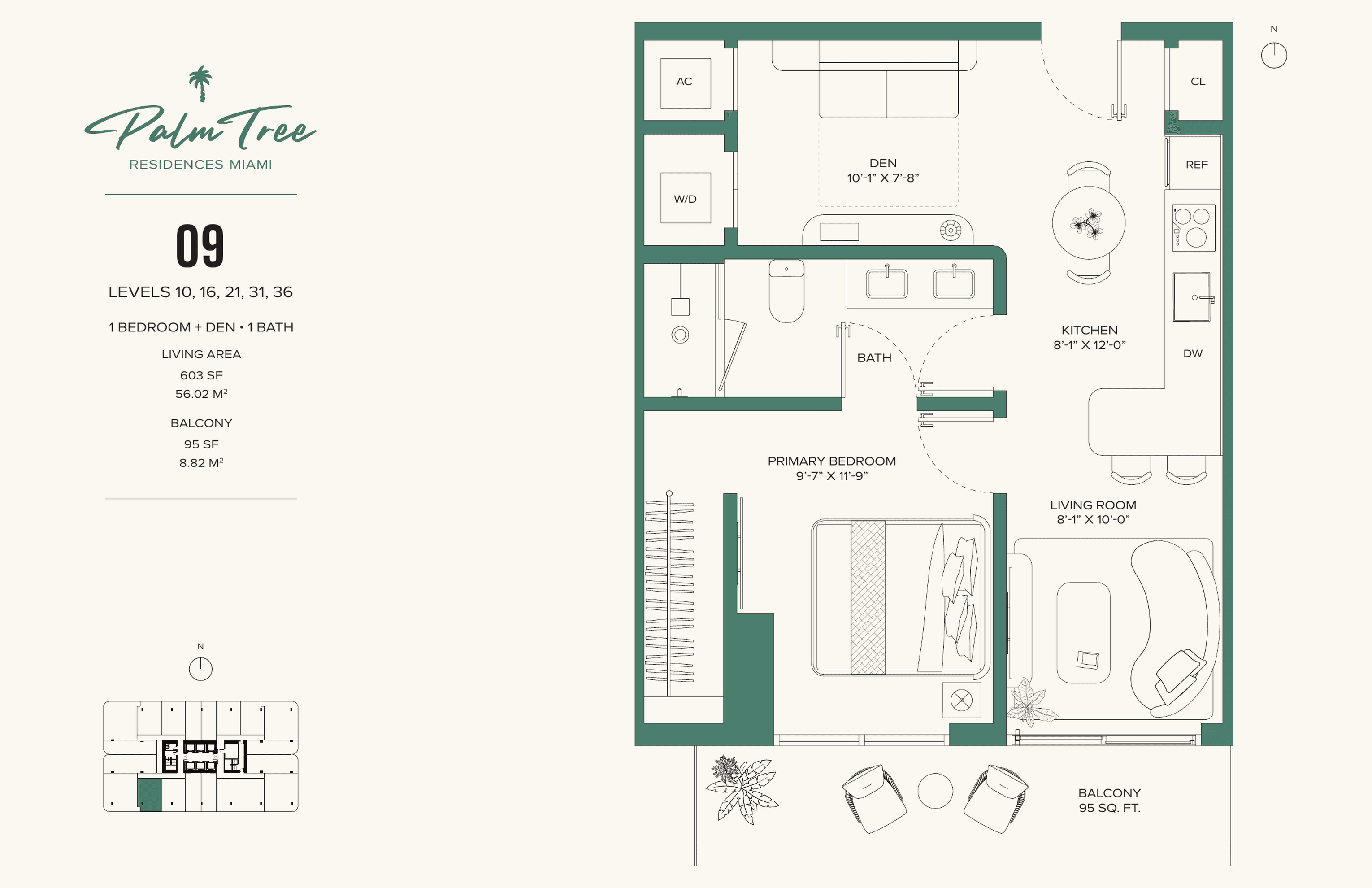 1 BR + Den — Residence 1009 floor plan