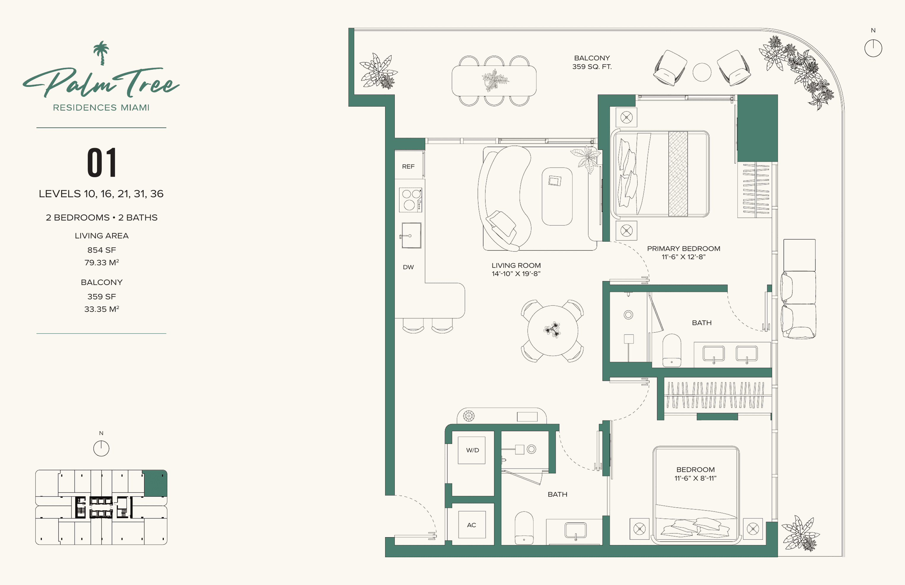 2 Bedrooms floor plan — Residence 01, Level 10, Palm Tree Residences Miami