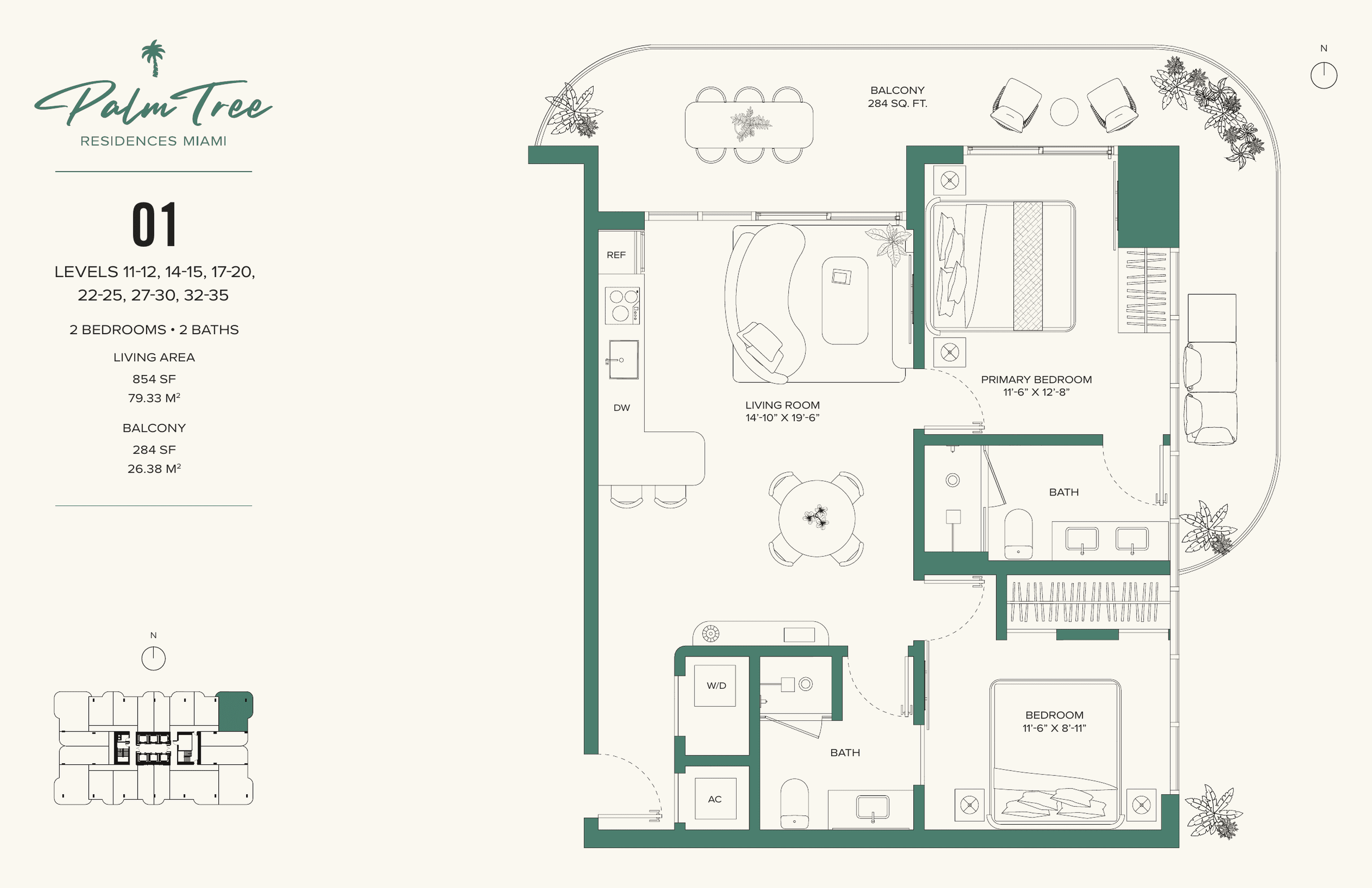 2 Bedrooms — Residence 1101 floor plan