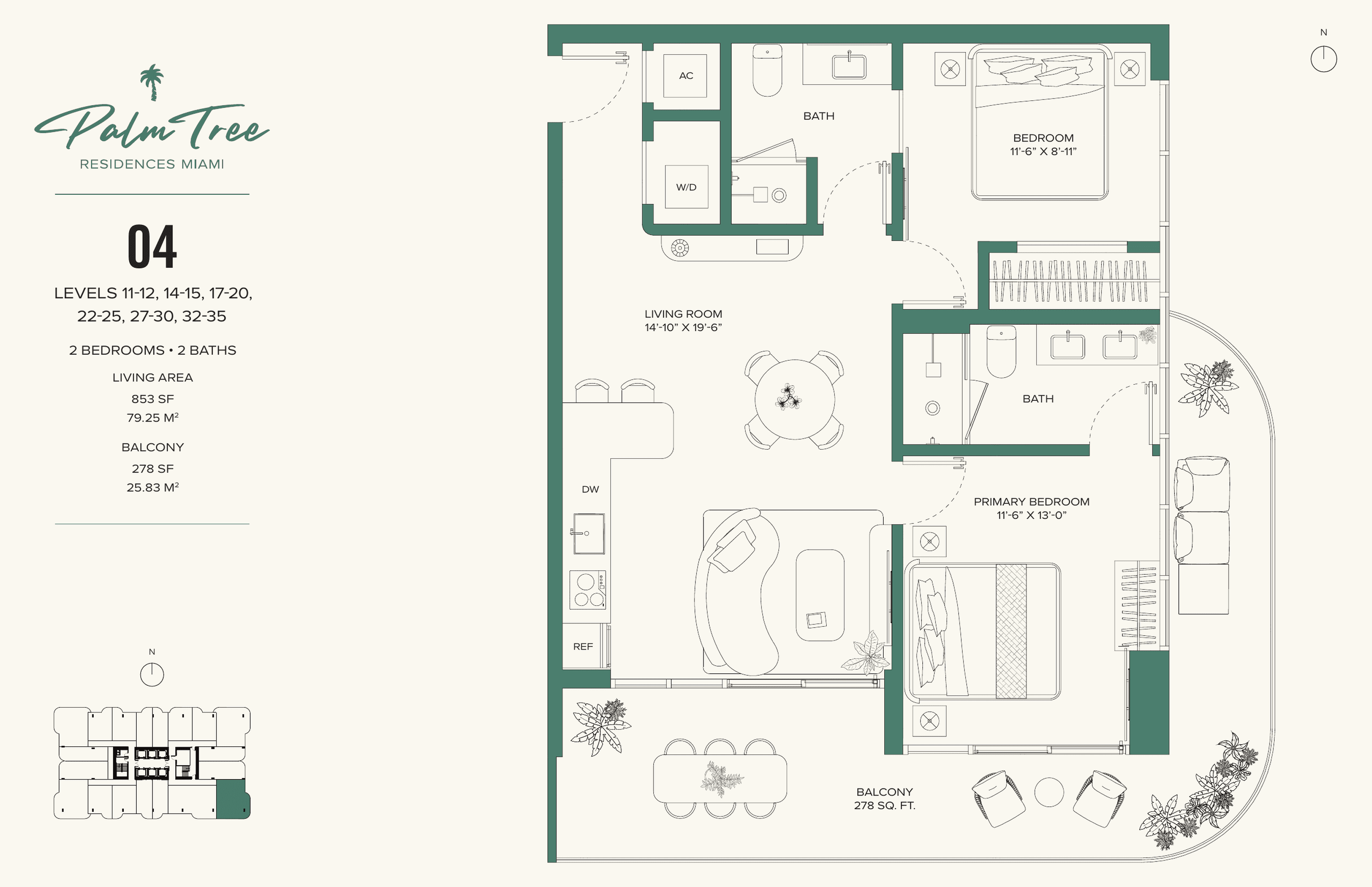 2 Bedrooms — Residence 1504 floor plan
