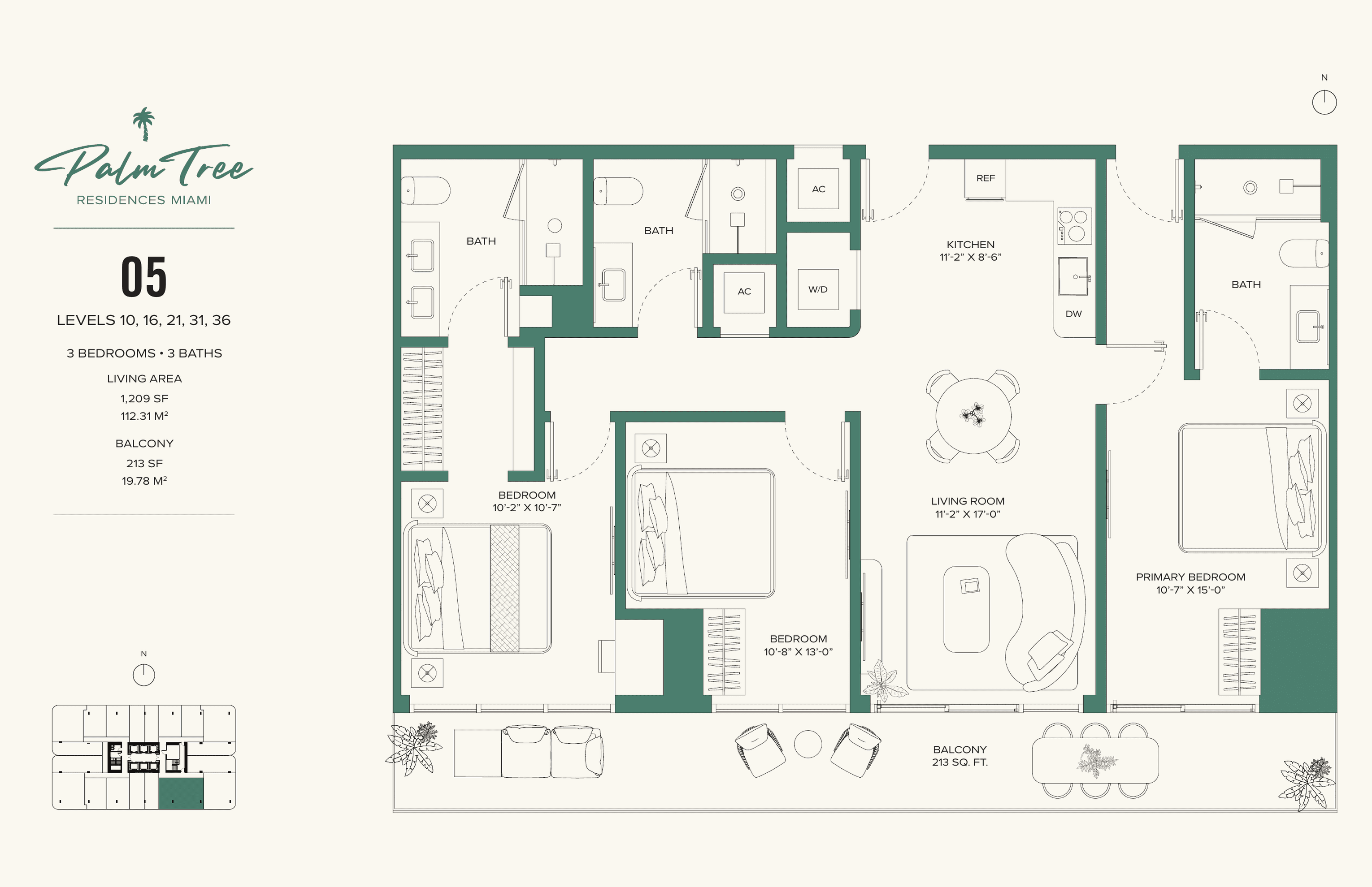 3 Bedrooms — Residence 1005 floor plan
