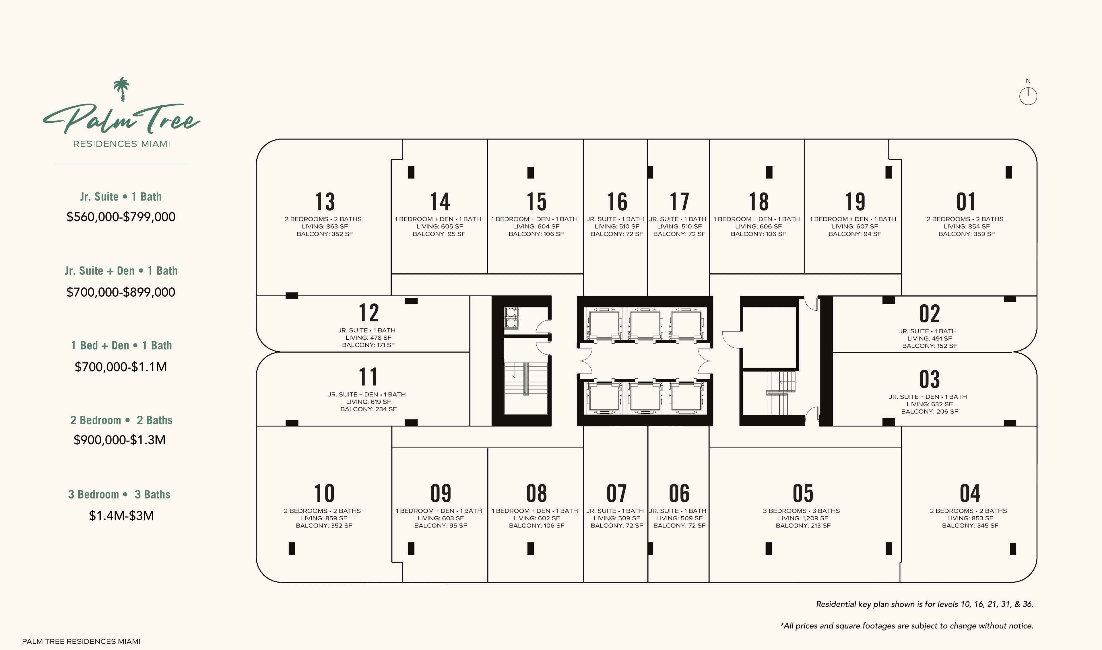 Palm Tree Residences Miami — Price Range Sheet showing key plan layout and ranges for all five residence types
